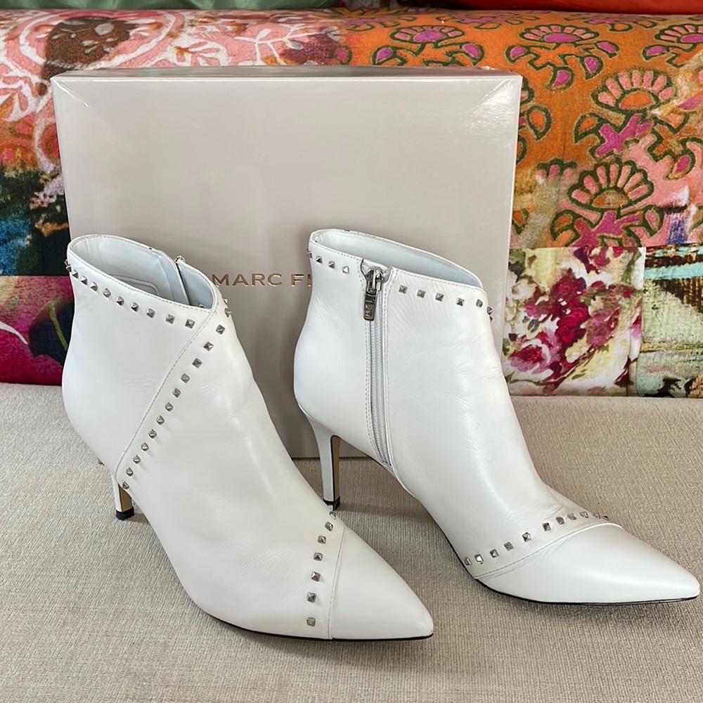 Marc Fisher White Leather Ankle Boots with Silver Studs